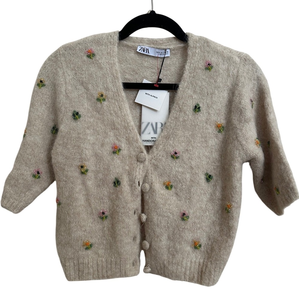 NWT Zara Alpaca Blend Beaded Floral Cardigan Beige Small Handcrafted - Small